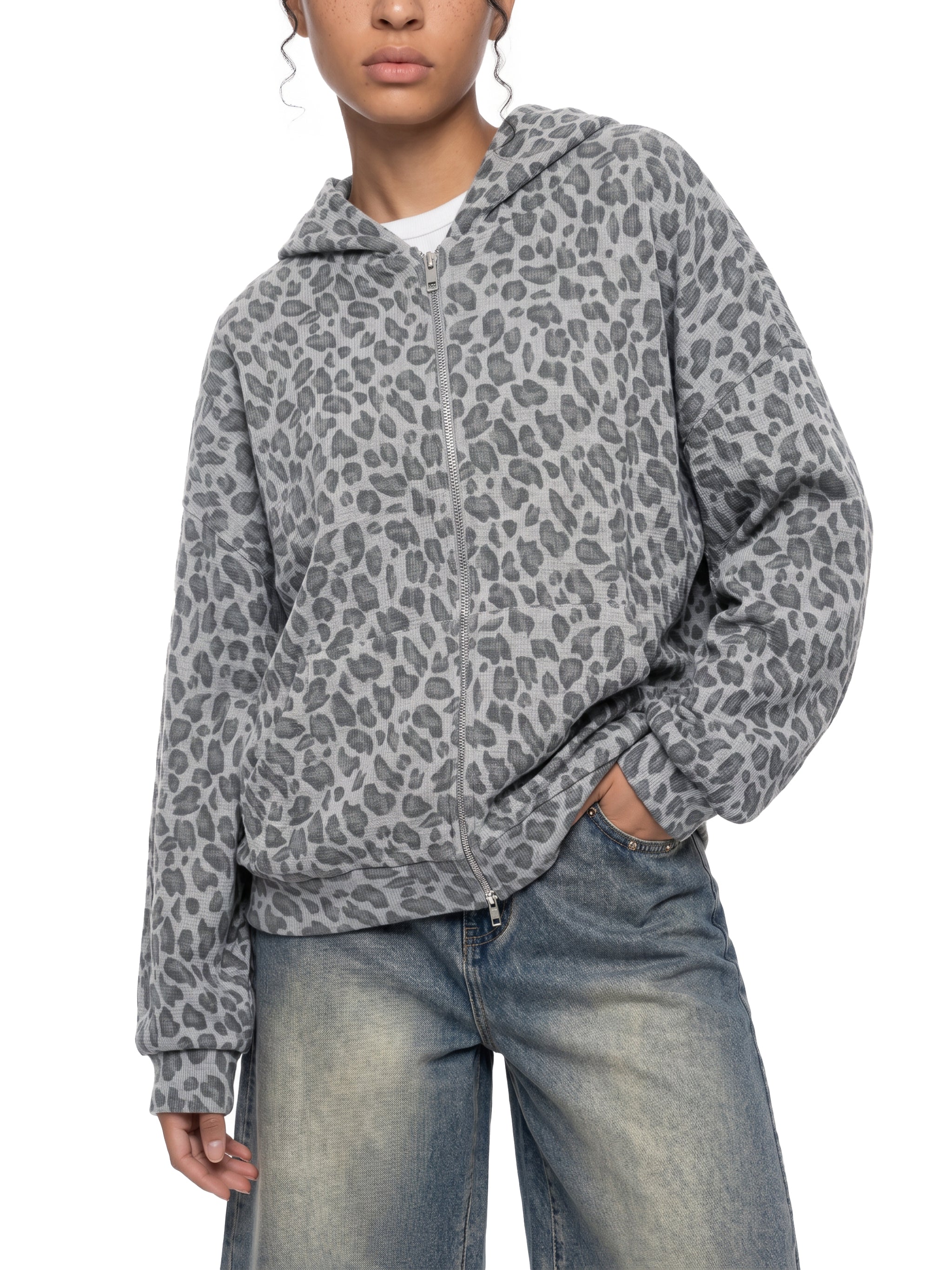 Leopard Waffle Zip Hoodie