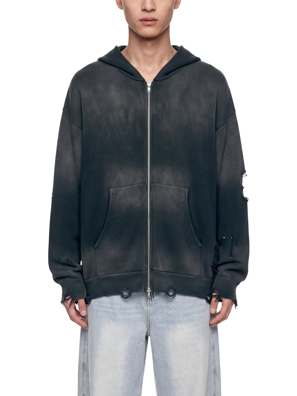 Distressed Full Zip Sweater