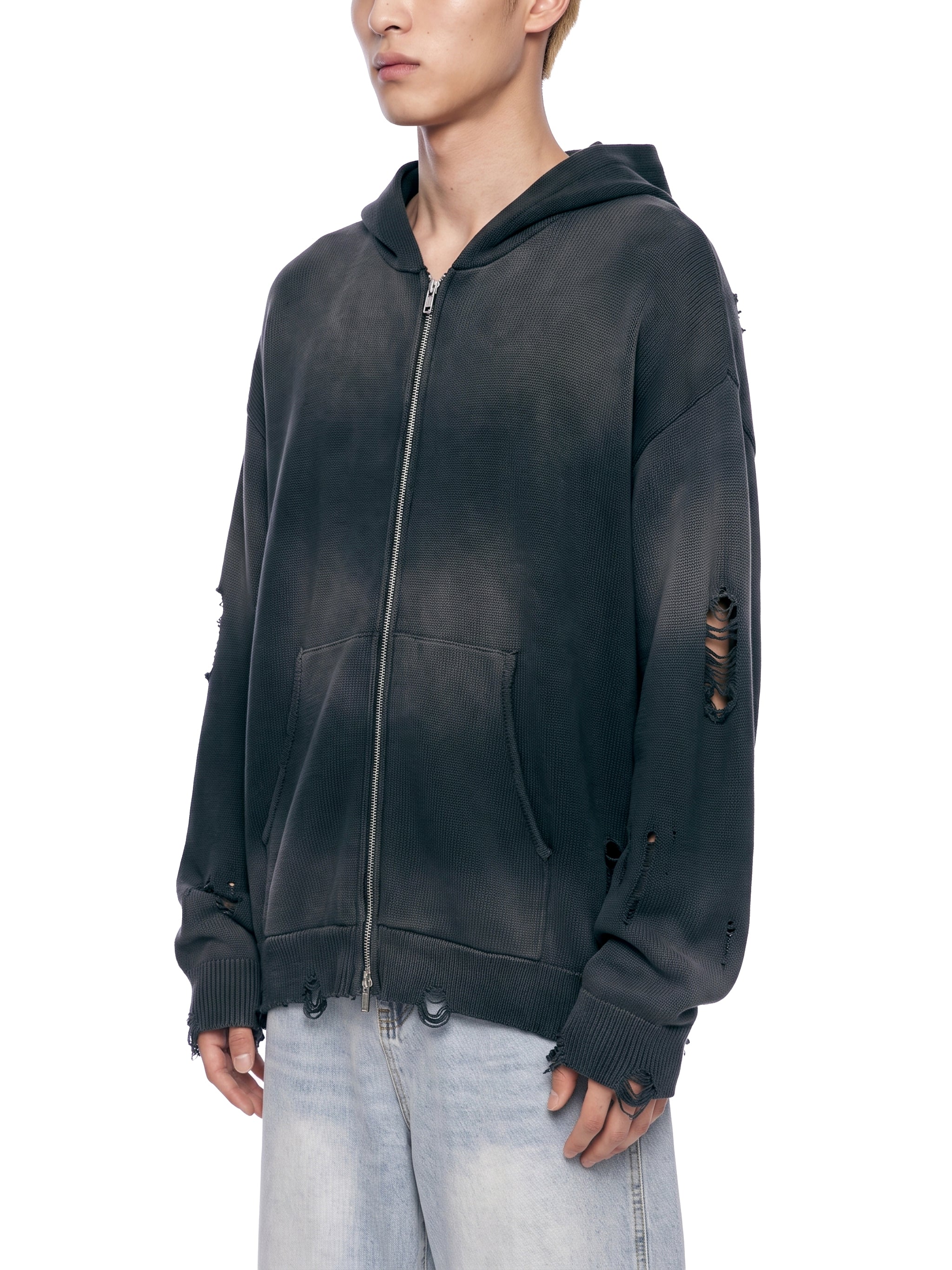 Distressed Full Zip Sweater