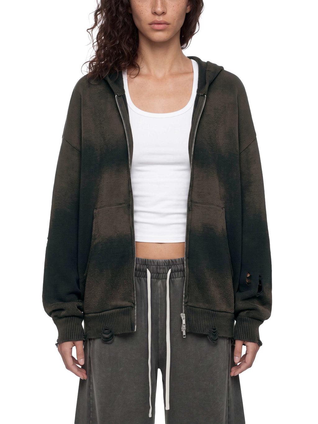 Distressed Full Zip Sweater
