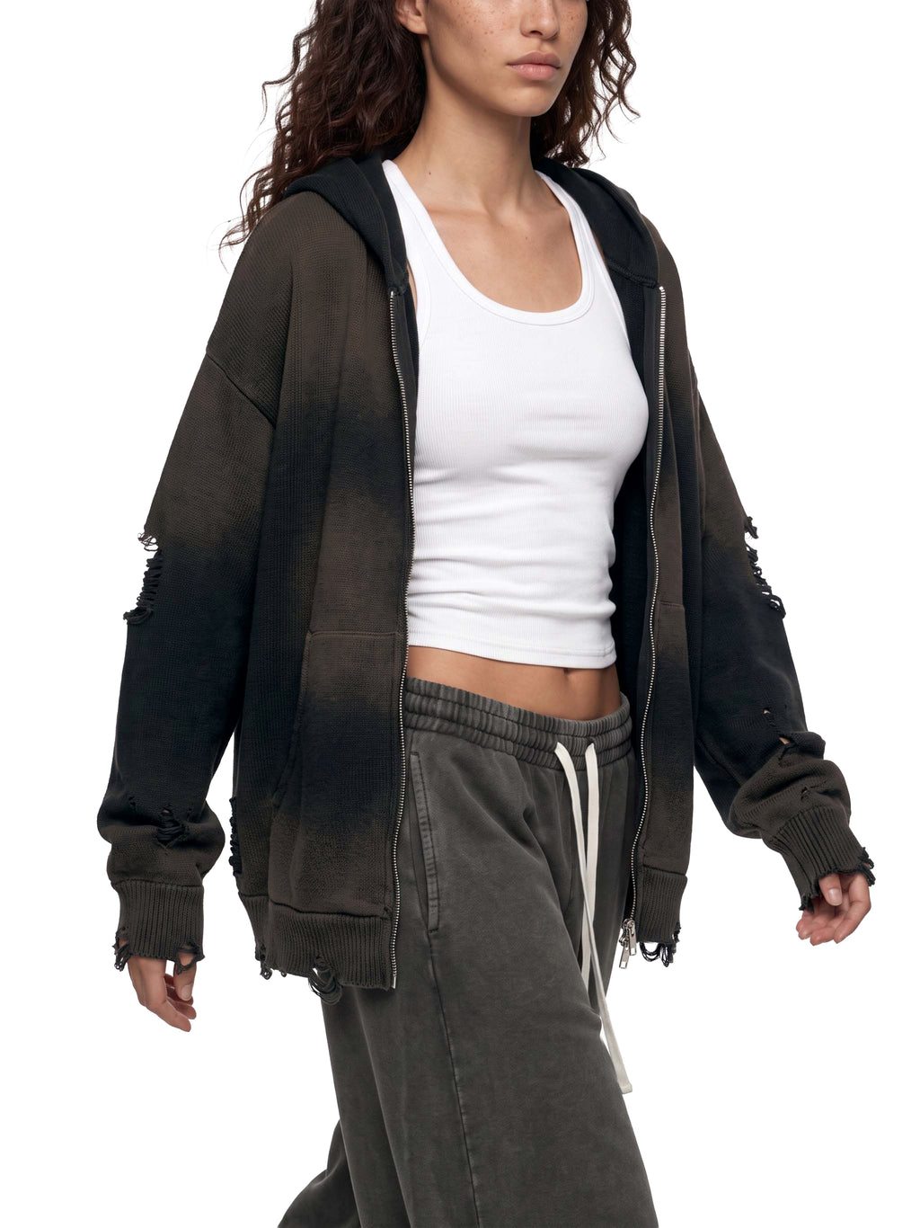 Distressed Full Zip Sweater